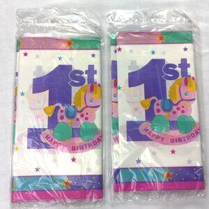 2 Pc Happy 1st Birthday Party Tablecloths y2k Baby Girl Purple & Pink 54"x102"